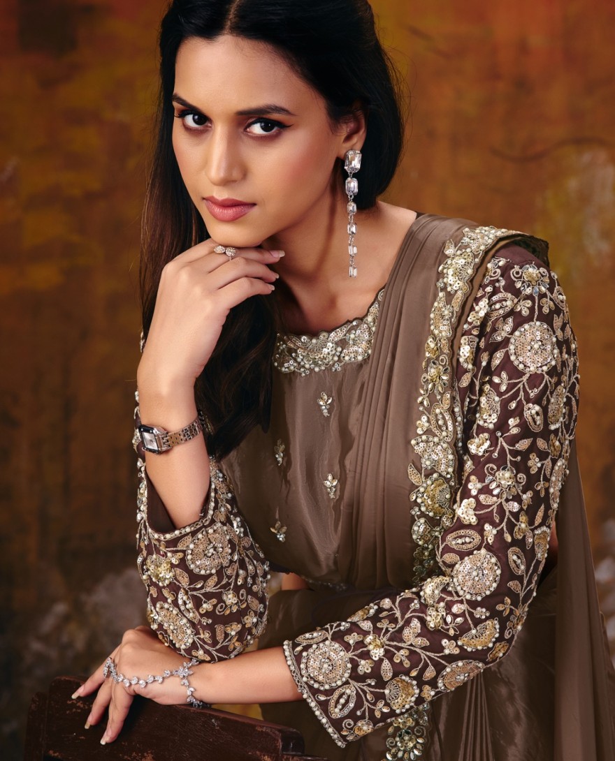 27107 - Coffee Brown Embroidered Wedding Party Designer Saree